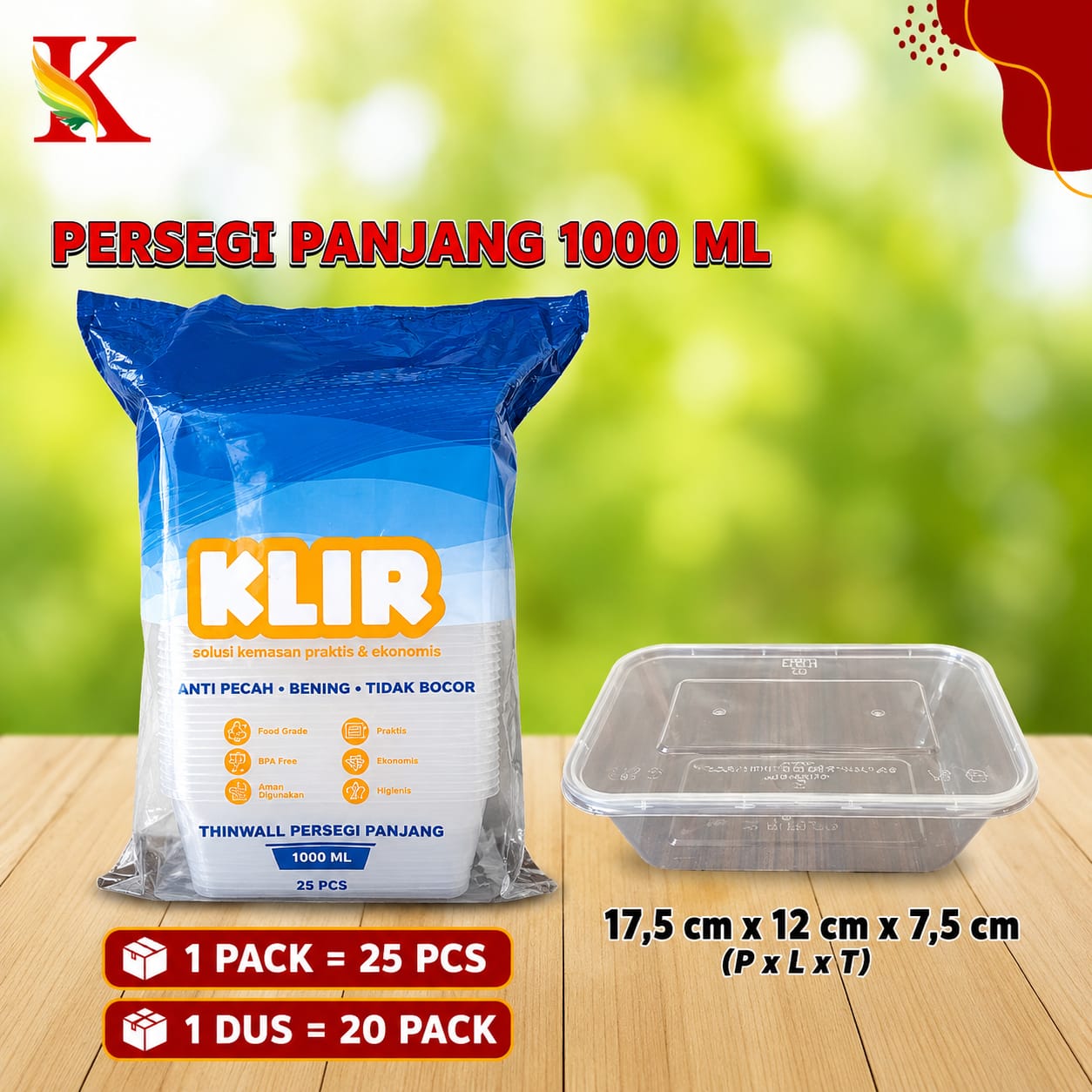 THINWALL KLIR PERSEGI PANJANG 1000 ML