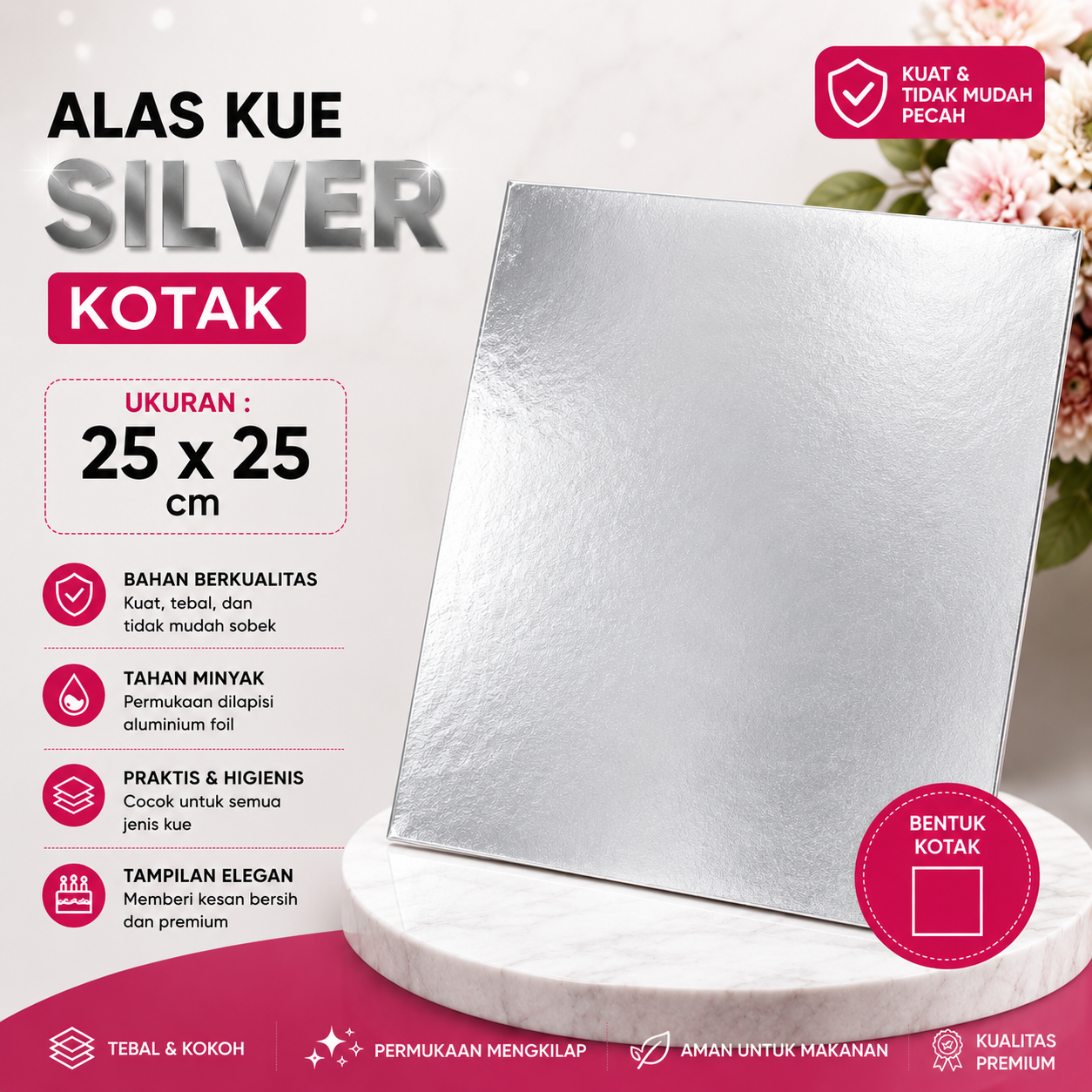 ALAS KUE 25 x 25 - KOTAK SILVER