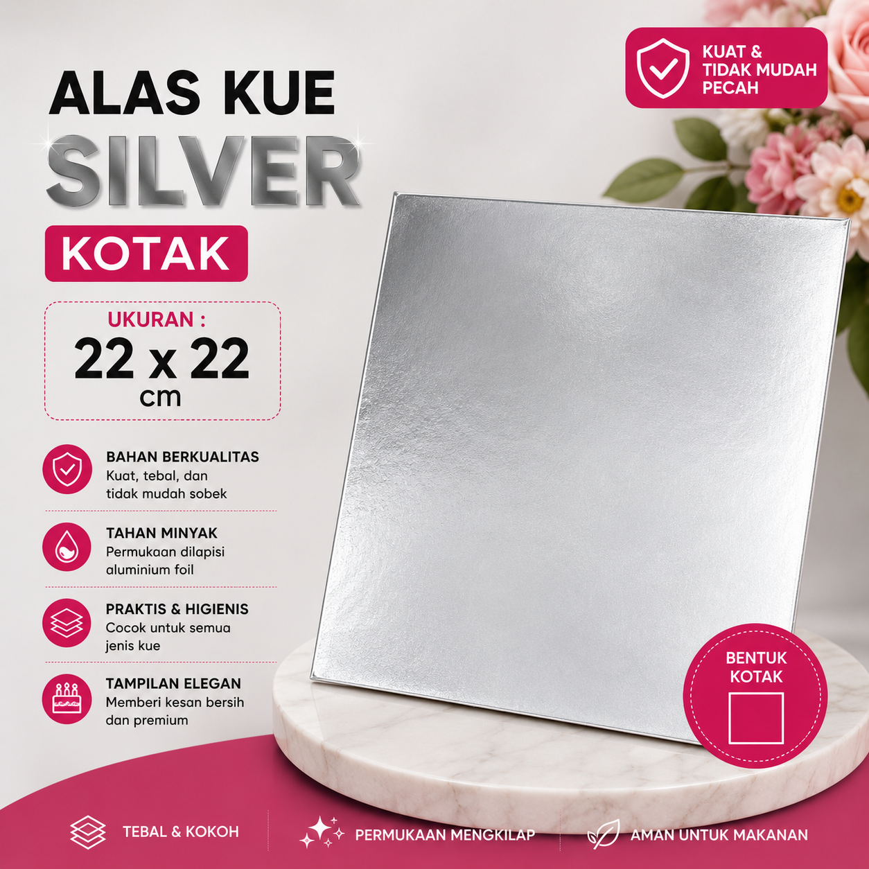 ALAS KUE 22 x 22 - KOTAK SILVER