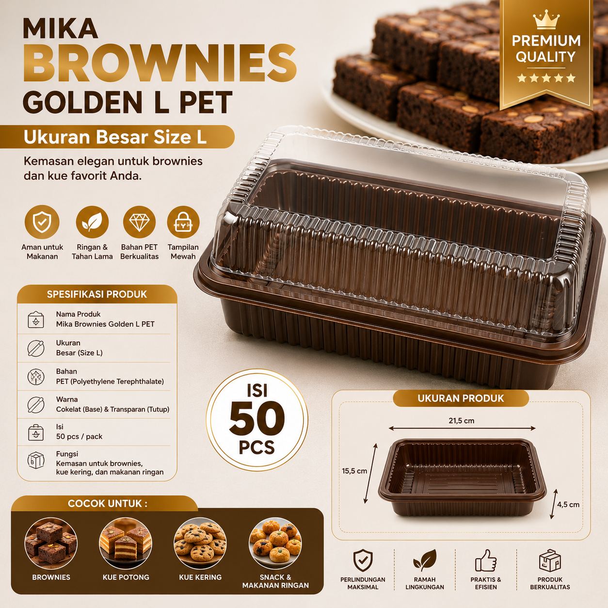 BOX MIKA BROWNIES GOLDEN L PET @ 50 pcs