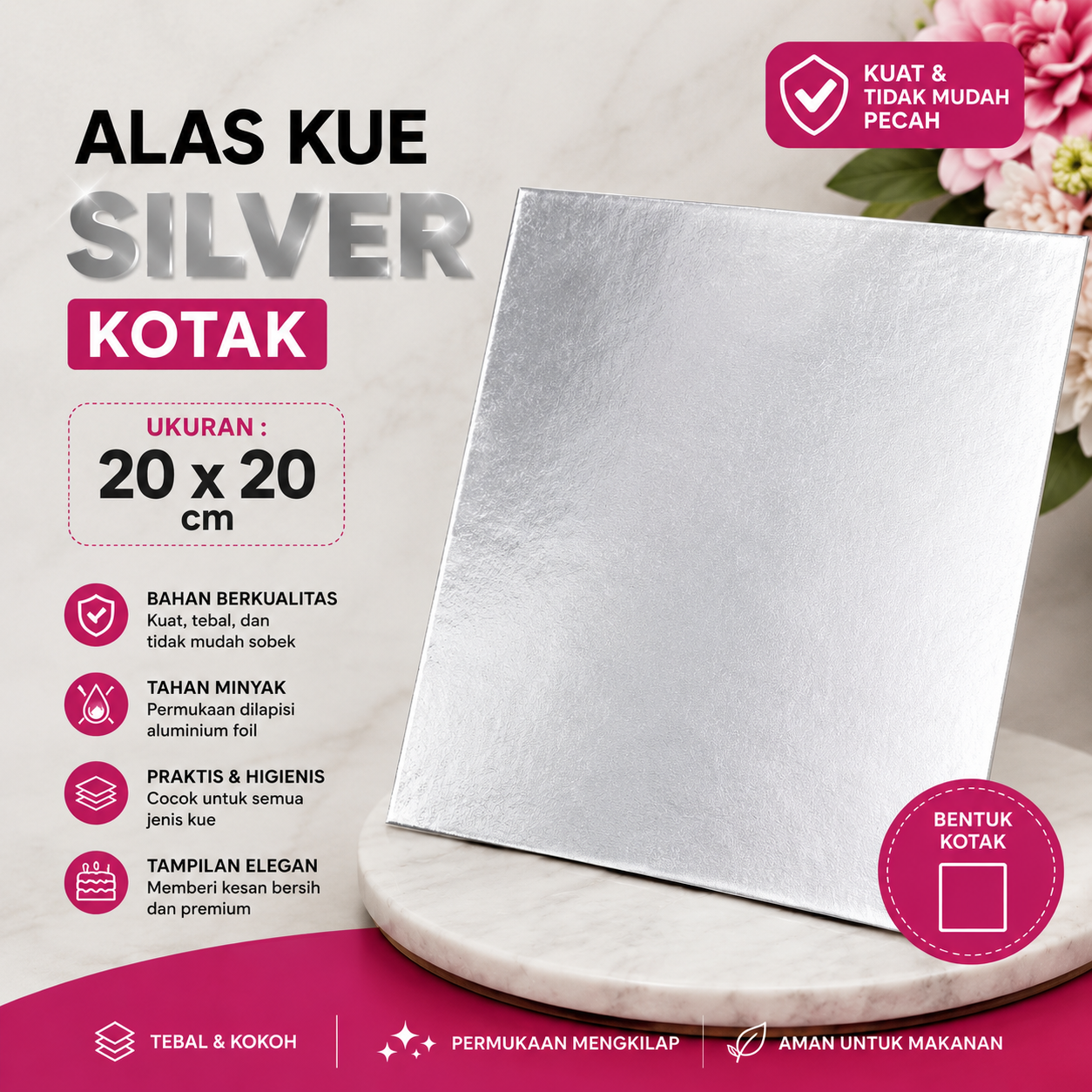 ALAS KUE 20 x 20 - KOTAK SILVER