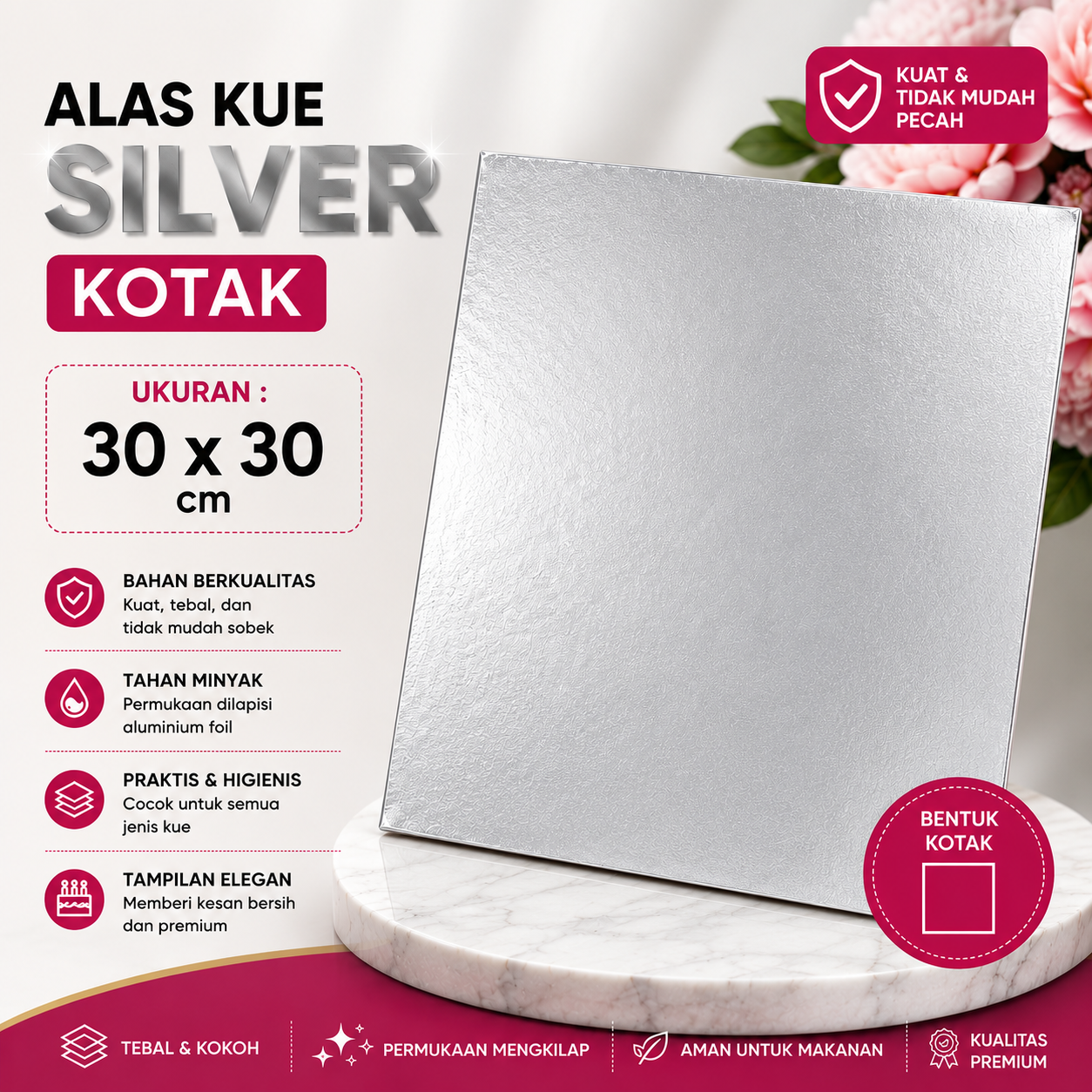 ALAS KUE 30 x 30 - KOTAK SILVER