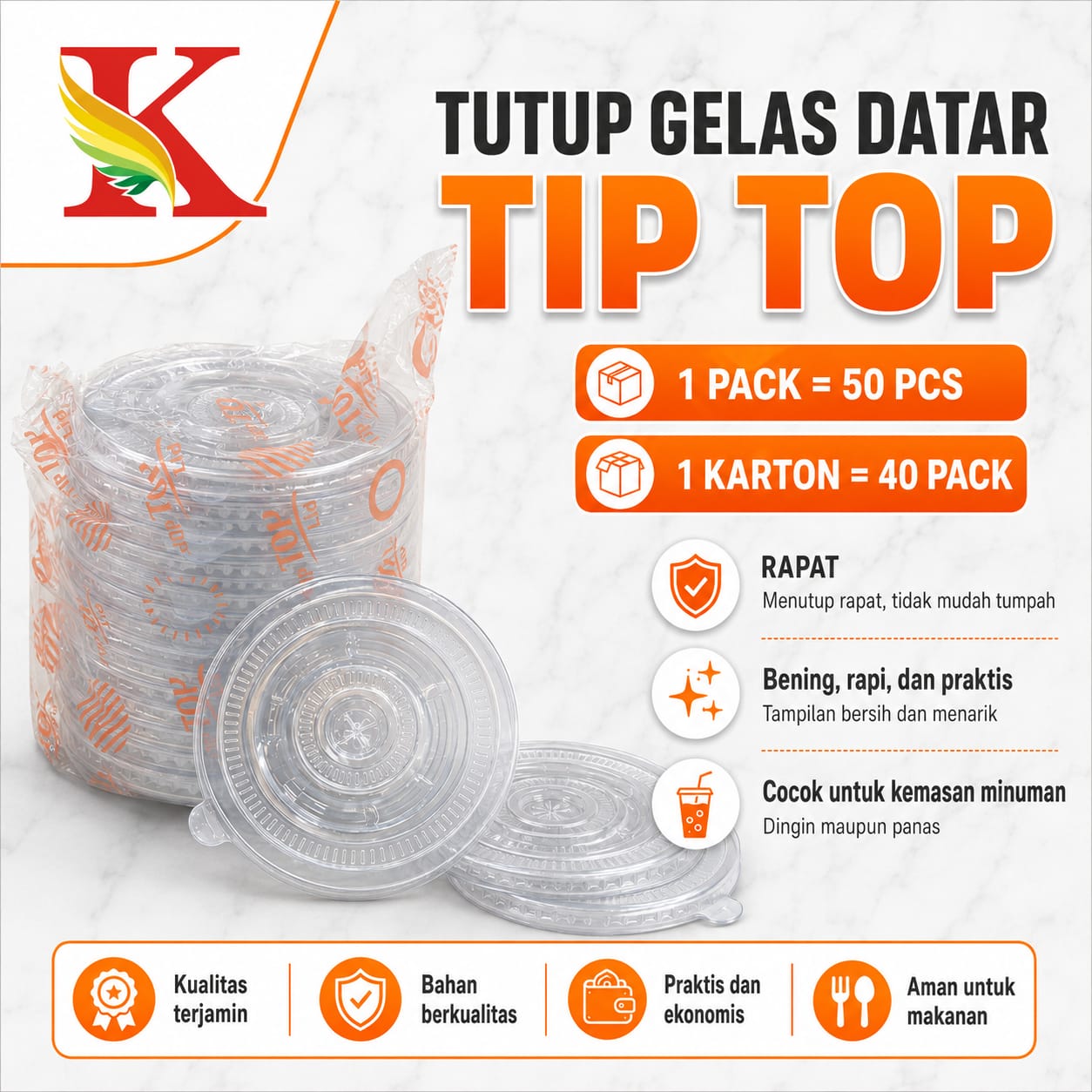 TUTUP GELAS DATAR BENING TIP TOP