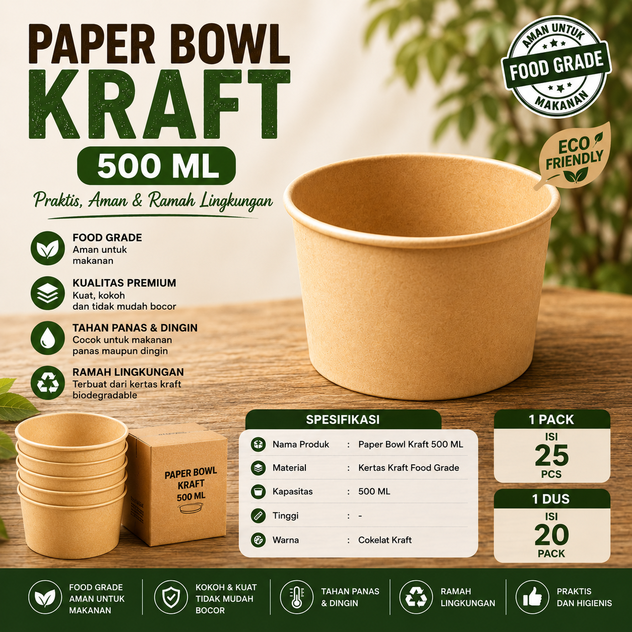 PAPER BOWL KRAFT 500 ML