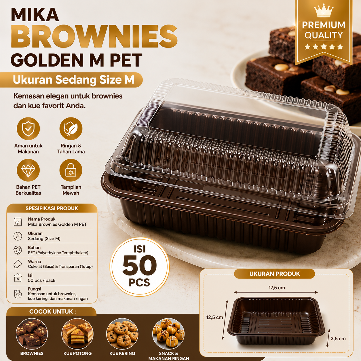 BOX MIKA BROWNIES GOLDEN M PET @ 50 pcs