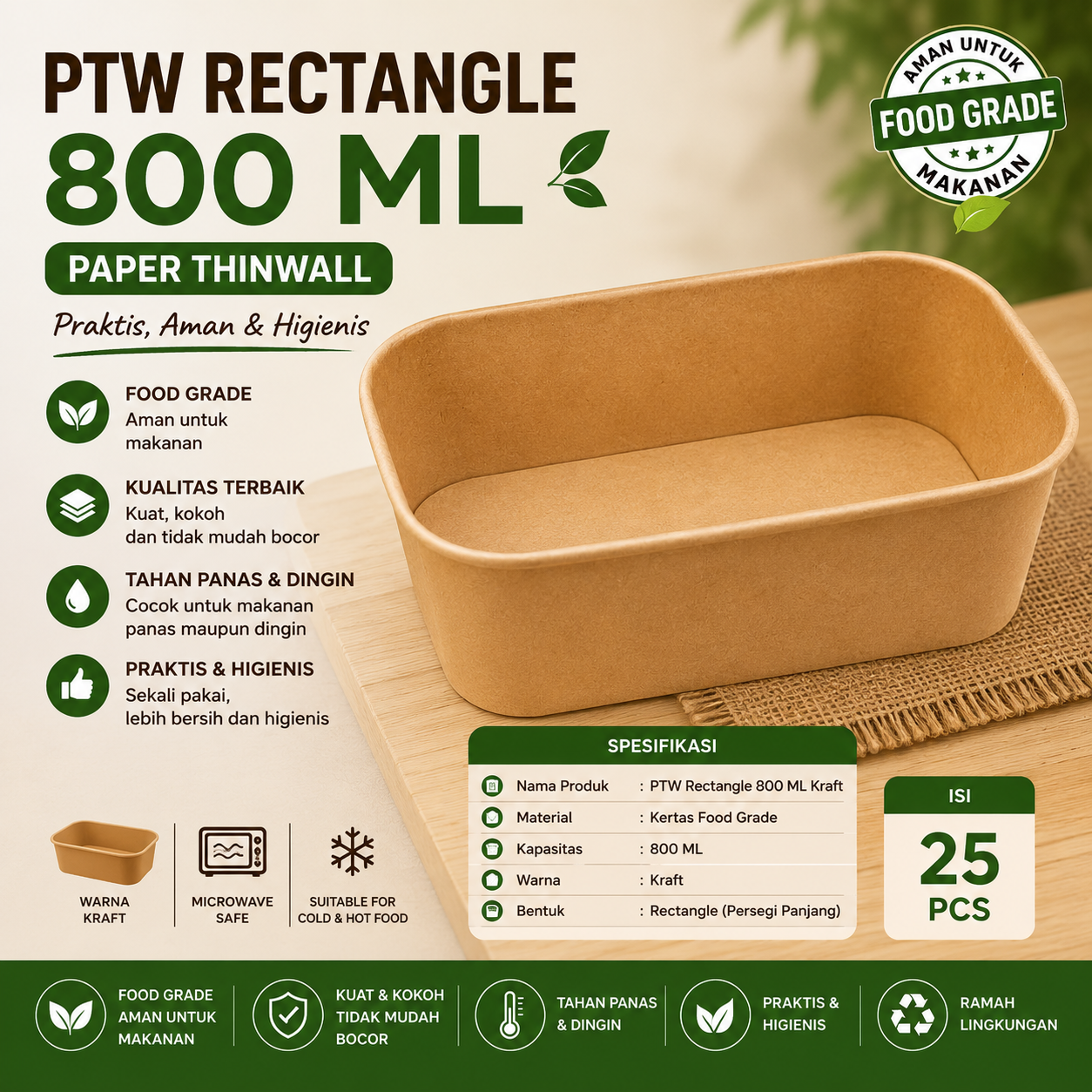 PTW RECTANGLE 800 ML - KRAFT