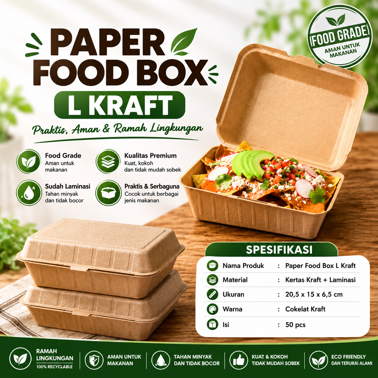 PAPER FOOD BOX L KRAFT HAOTA @ 50 PCS