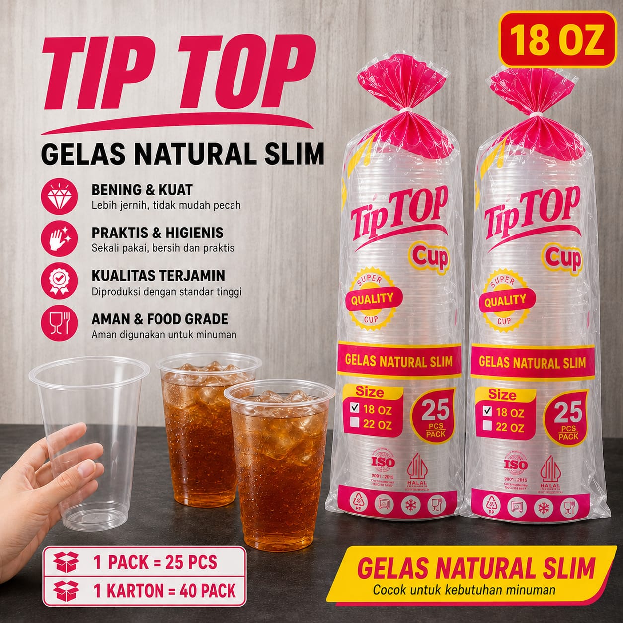 GELAS NATURAL TIPTOP BENING 18 OZ SLIM @ 25 PCS