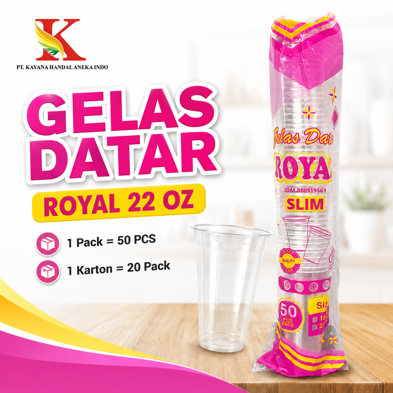 GELAS DATAR ROYAL BENING 22 OZ SLIM @ 50 PCS