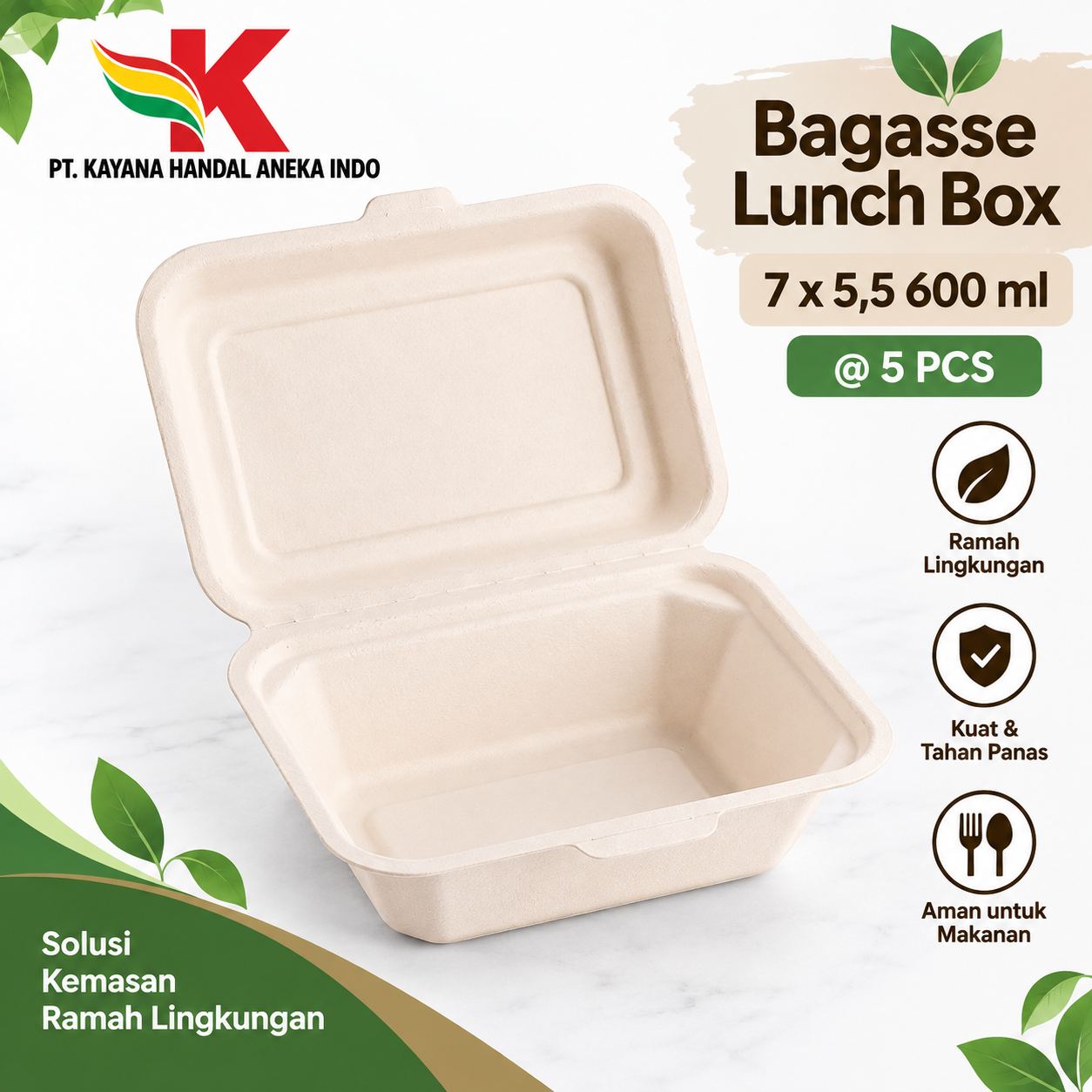 BAGASSE LUNCH BOX 7'' x 5.5'' 600 ML BF @ 5 PCS