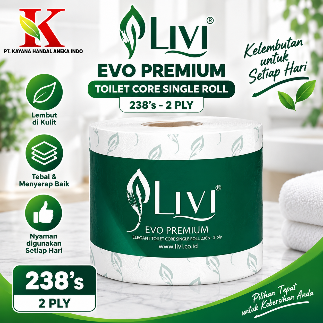 TISSUE LIVI EVO ELEGHANT TOILET CORE SINGLE ROLL 238'S