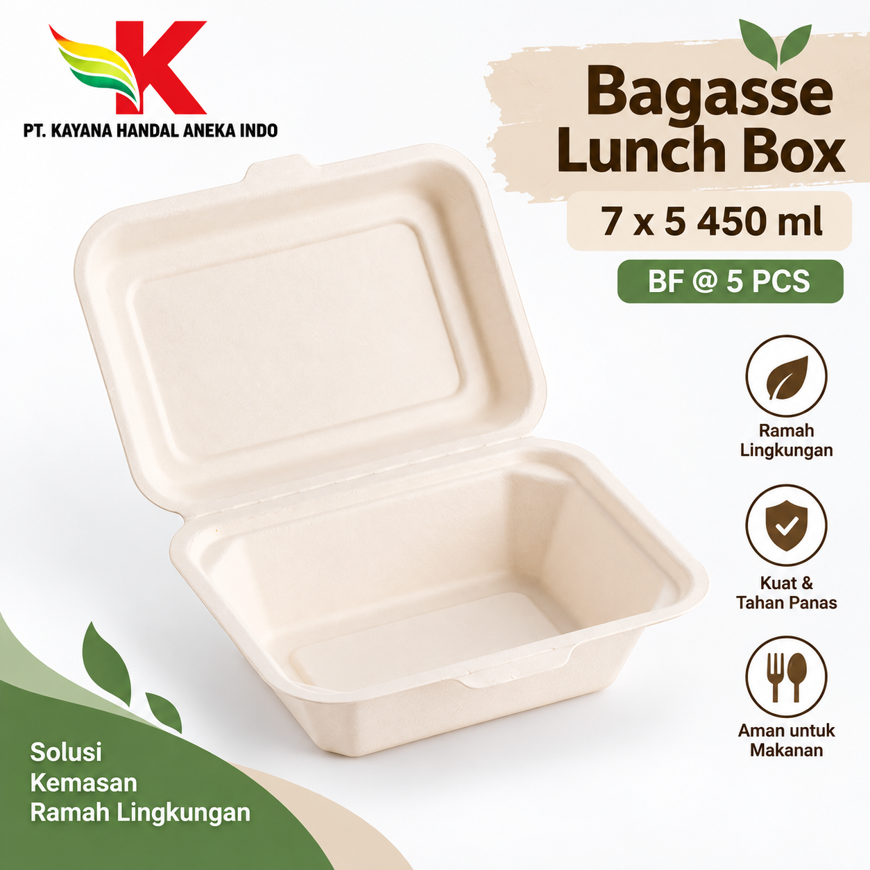 BAGASSE LUNCH BOX 7''  x 5 '' 450 ML BF @ 5 PCS