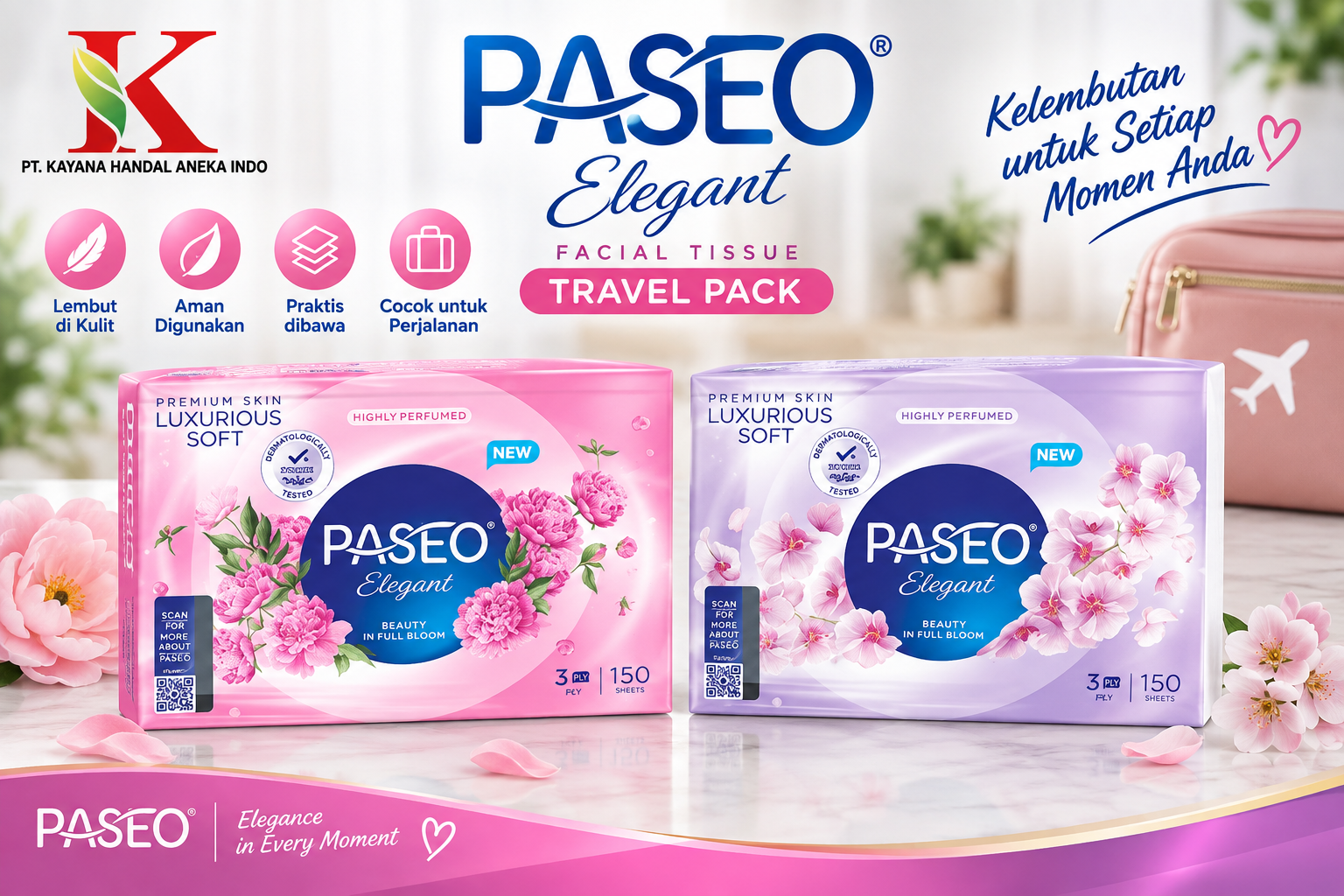 TISSUE PASEO ELEGANT FACIAL TRAVEL PACK 15O PLY
