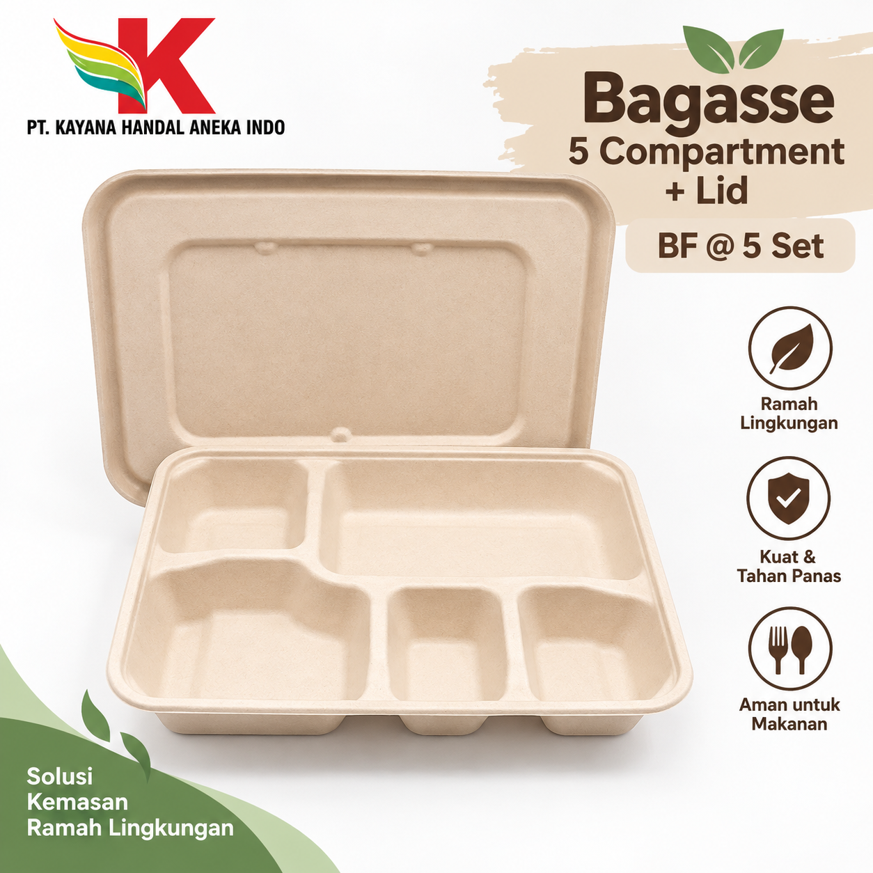 BAGASSE 5 COMPARTMENT + LID BF @ 5 SET