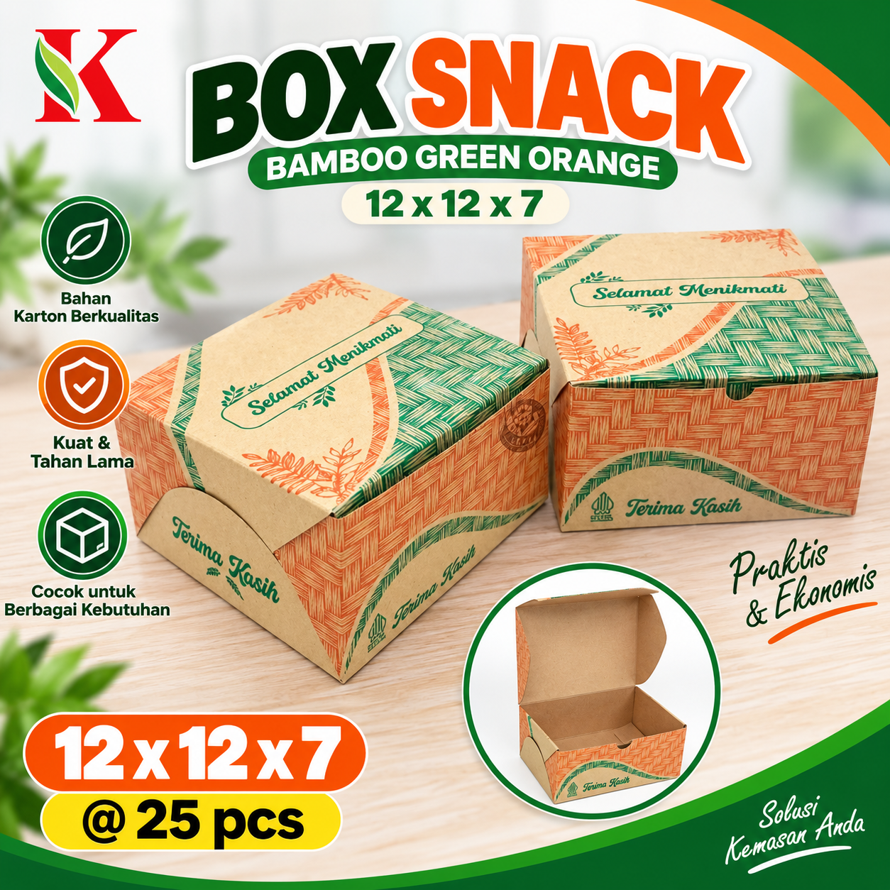 BOX SNACK BAMBOO GREEN ORANGE 12 x 12 x 7 (B43K149) @ 25 PCS