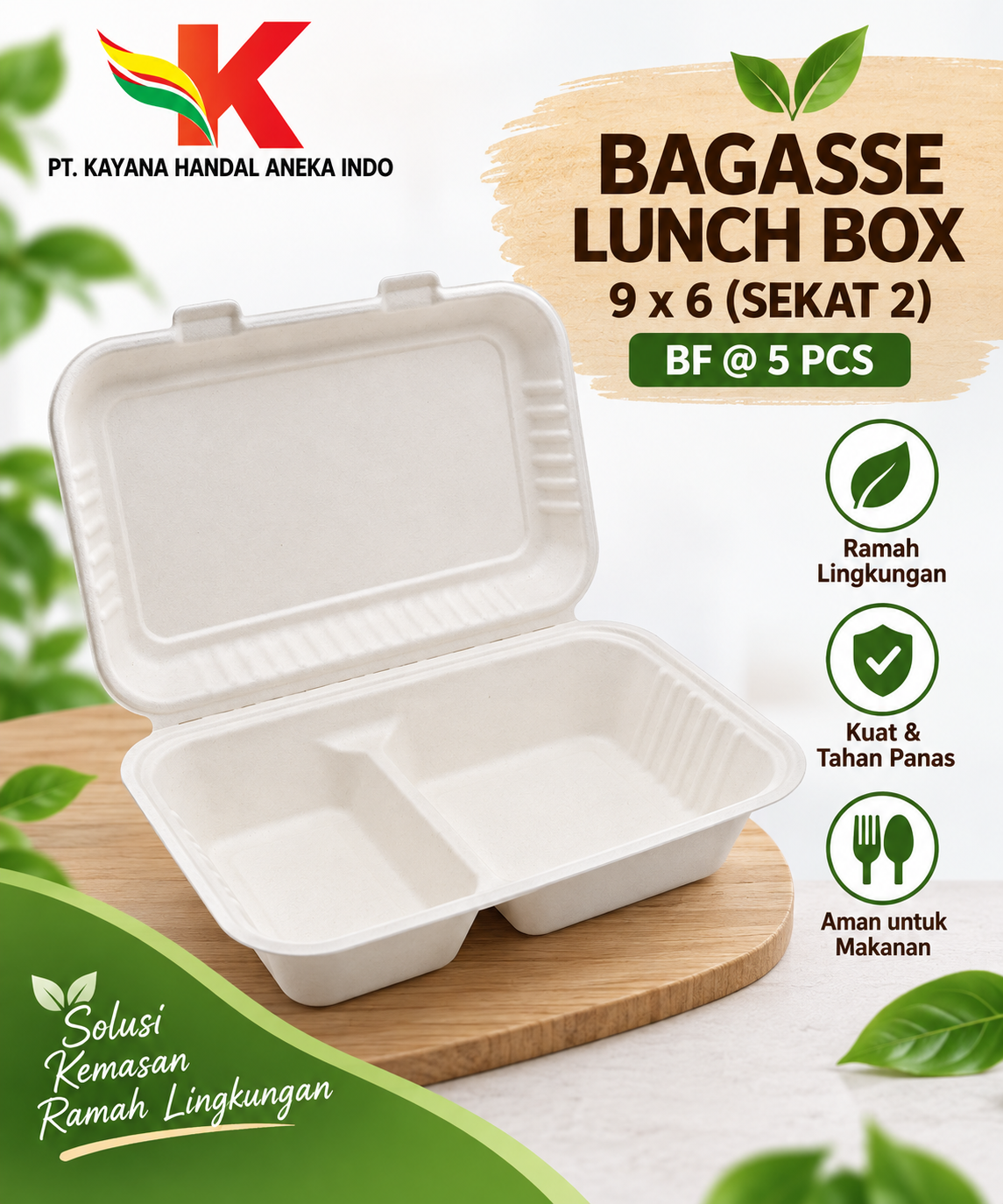 BAGASSE LUNCH BOX 9''x 6'' (SEKAT 2) BF @ 5 PCS