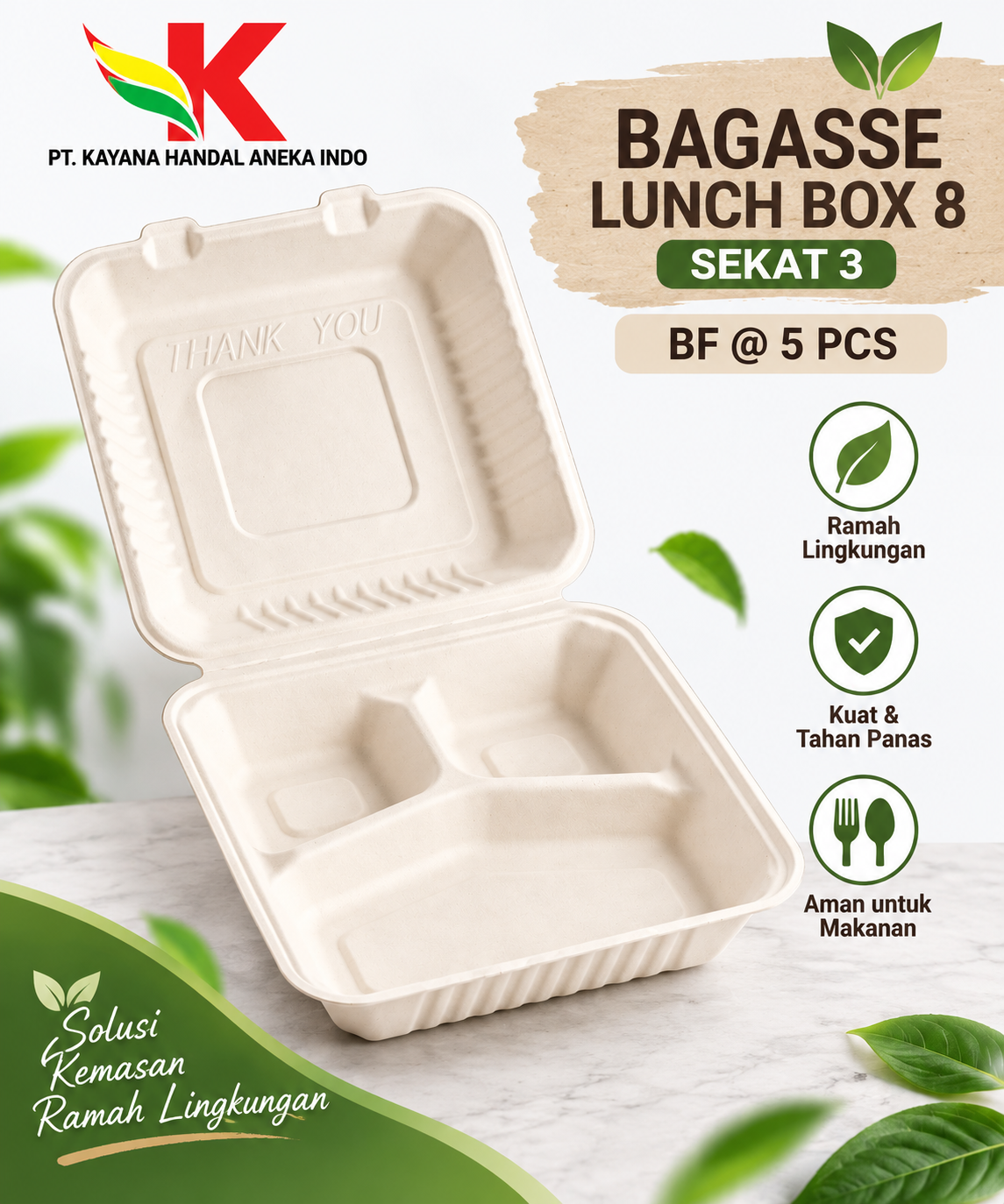 BAGASSE LUNCH BOX 8'' (SEKAT 3) BF @ 5 PCS