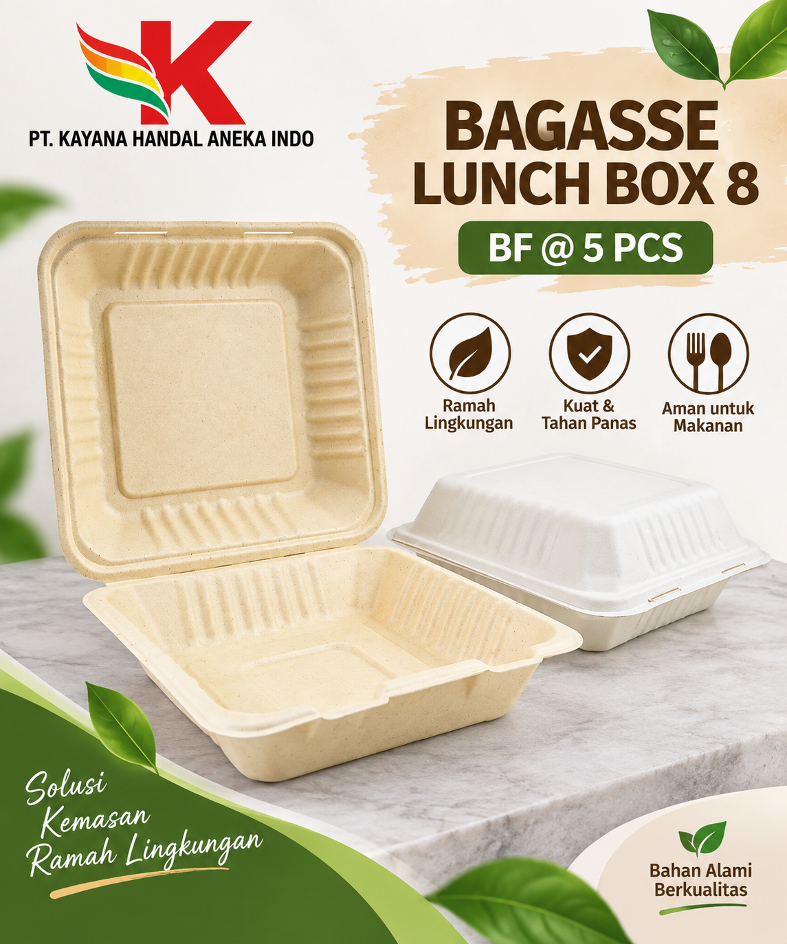 BAGASSE LUNCH BOX 8'' BF @ 5 PCS