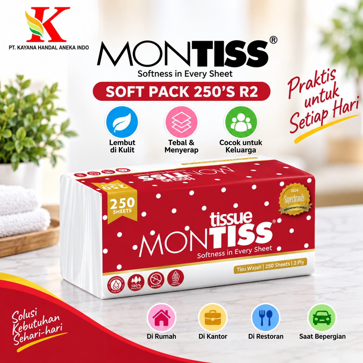 TISSUE MONTISS SOFT PACK 250'S R2