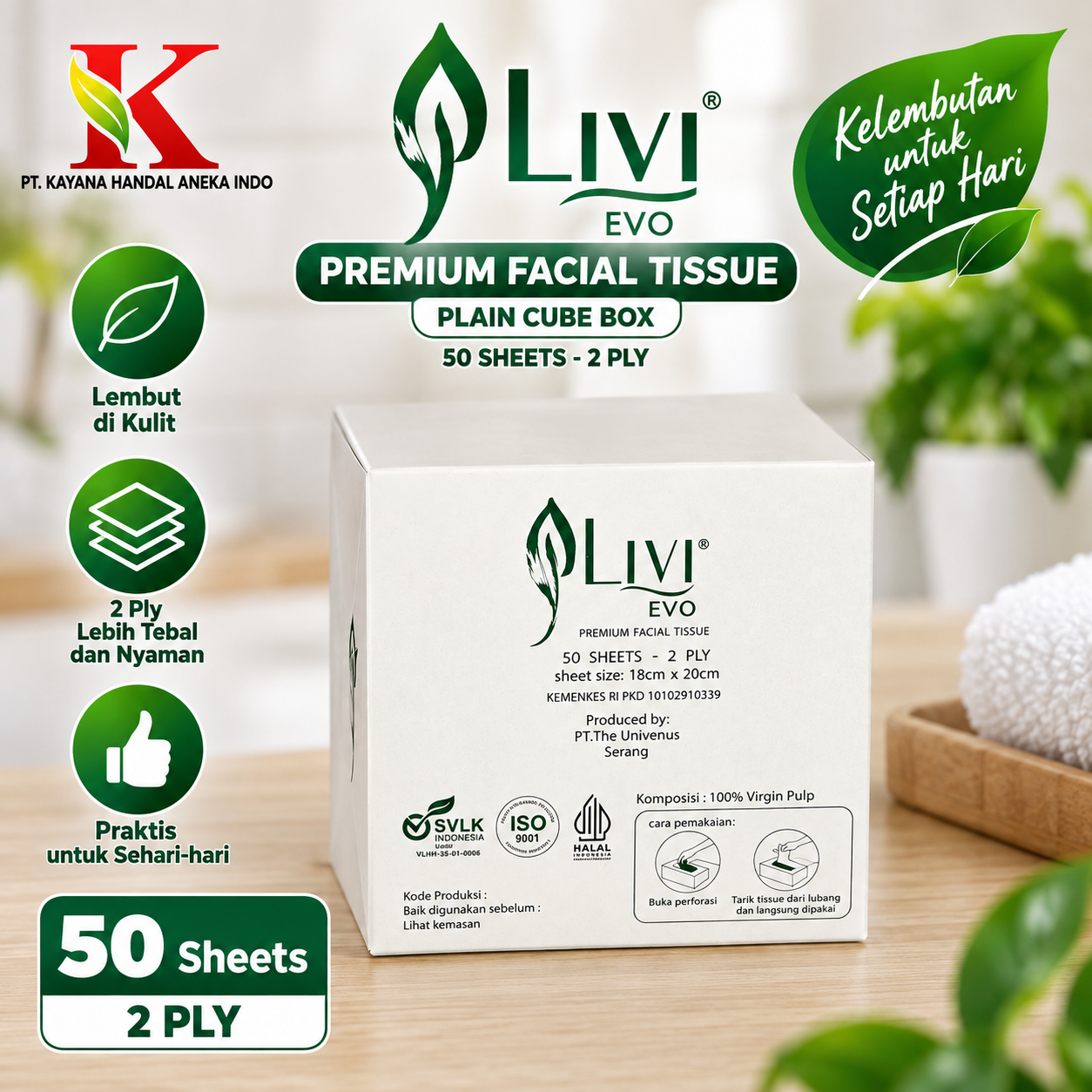 TISSUE LIVI EVO PREMIIUM FACIAL PLAIN CUBE BOX 50'S
