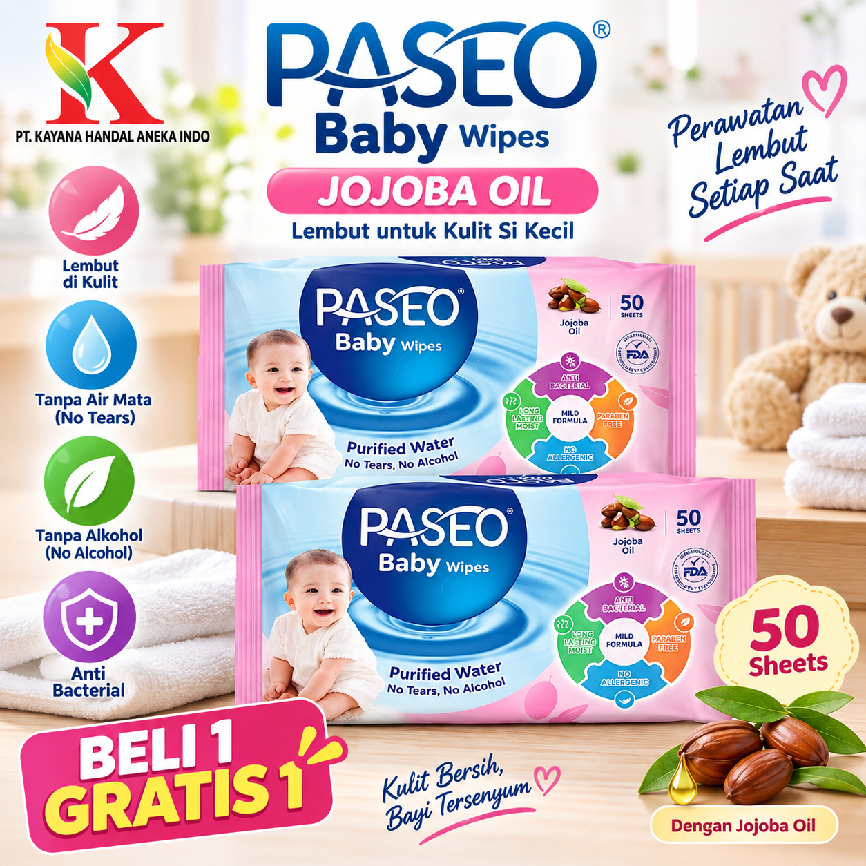 TISSUE PASEO BABY WIPES GAZETTE JOJOBA 50'S B1G1