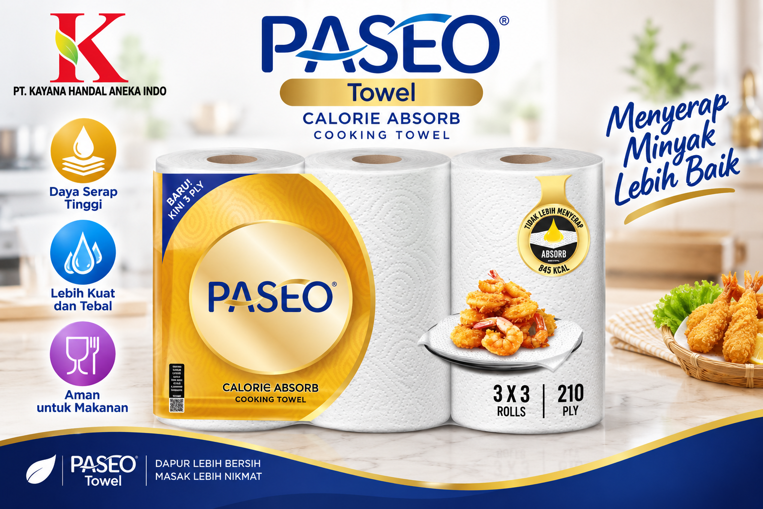 TISSUE PASEO TOWEL 3 ROLL EMBOSS 210 PLY