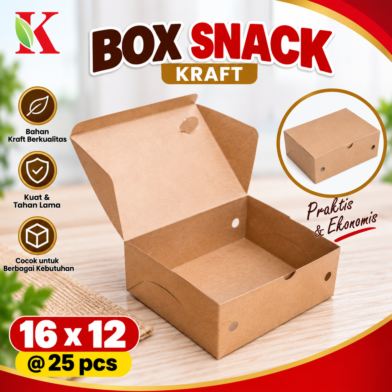 BOX SNACK KRAFT 16 x 12 x 7.5 (B2K2) @ 25 PCS
