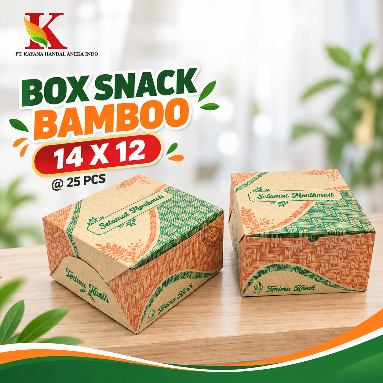 BOX SNACK BAMBOO GREEN ORANGE  14 x 12 x 6.5 (B1K149) @ 25 PCS