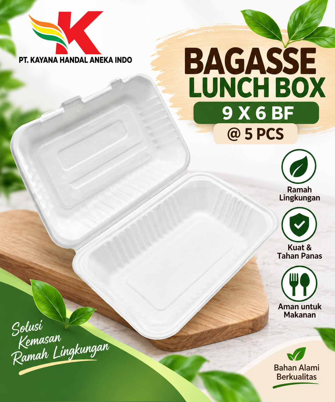 BAGASSE LUNCH BOX 9'' x 6'' BF @ 5 PCS