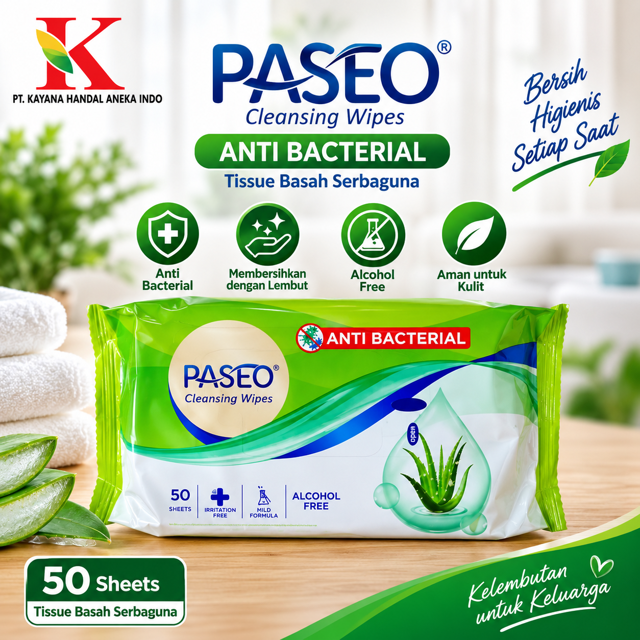TISSUE PASEO ANTI BACTERIAL WIPES 50'S