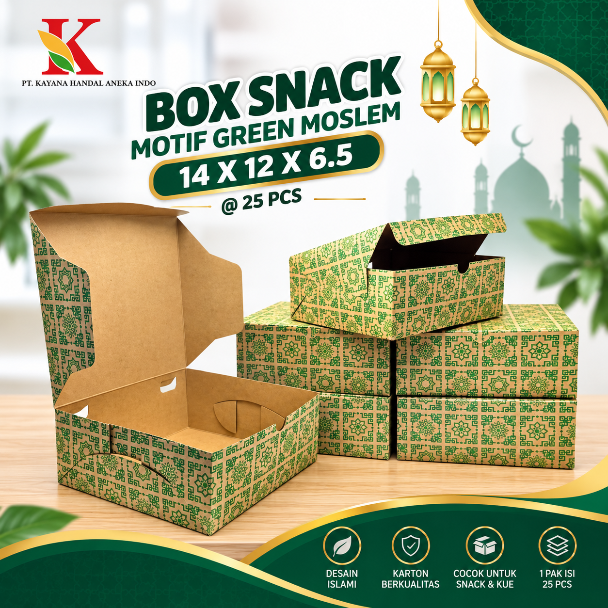BOX SNACK MOTIF GREEN MOSLEM 14 x 12 x 6.5 (B1K17) @ 25 PCS