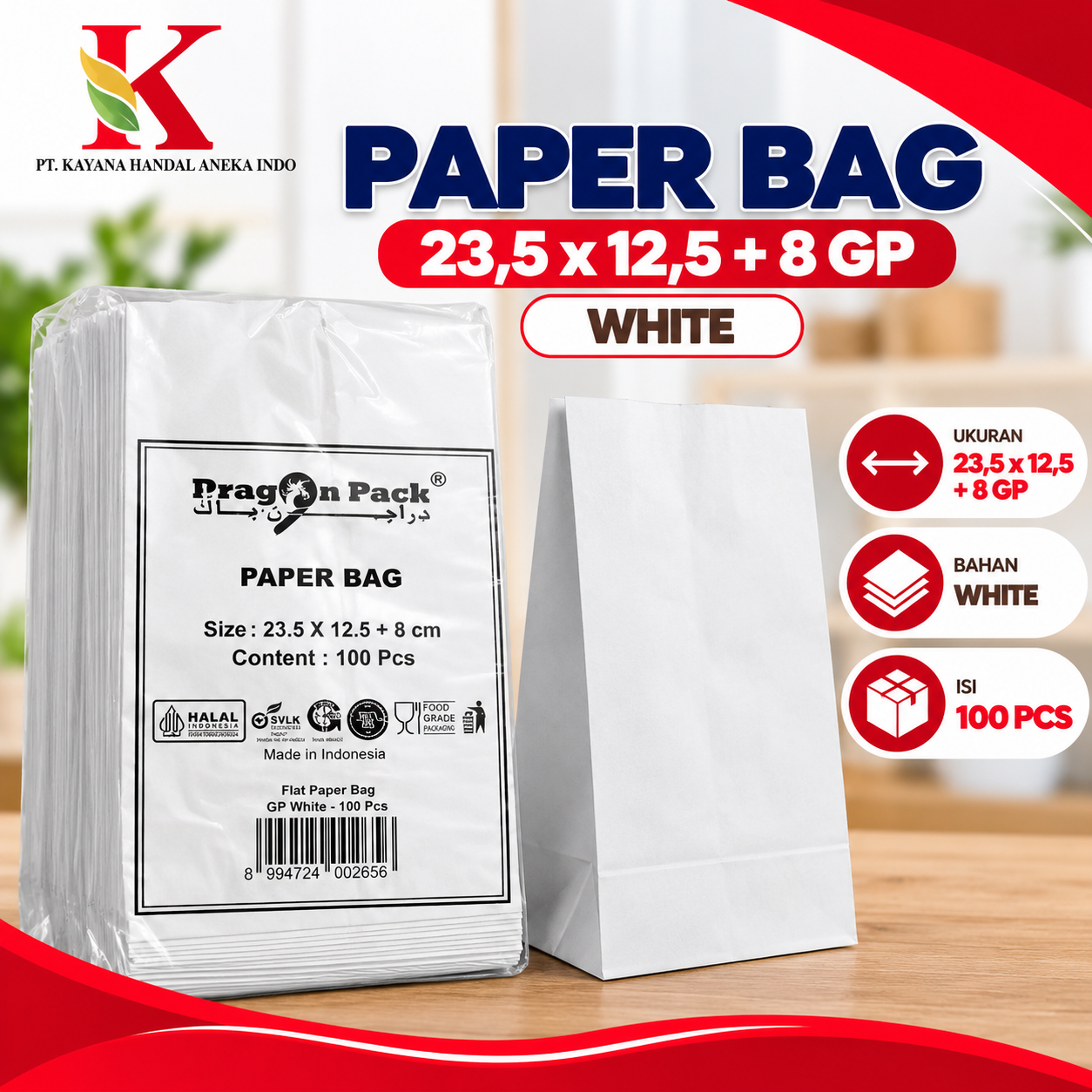 PAPER BAG 23,5 x 12,5 + 8 GP WHITE