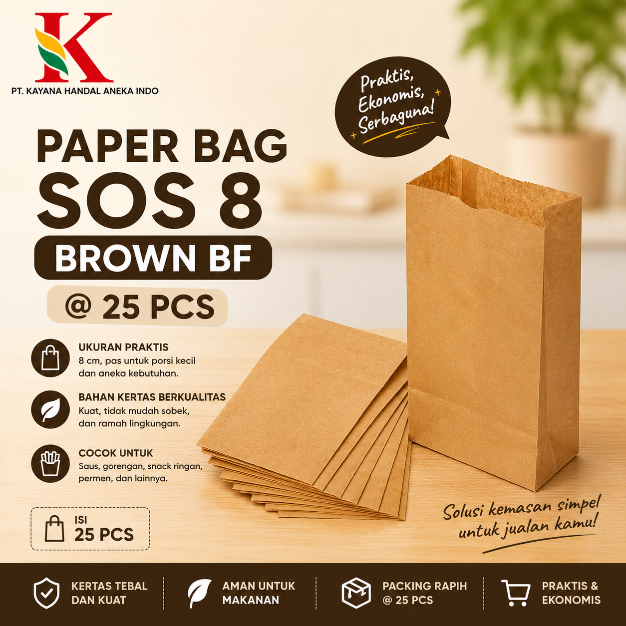 PAPER BAG SOS 8 BROWN BF @ 25 PCS