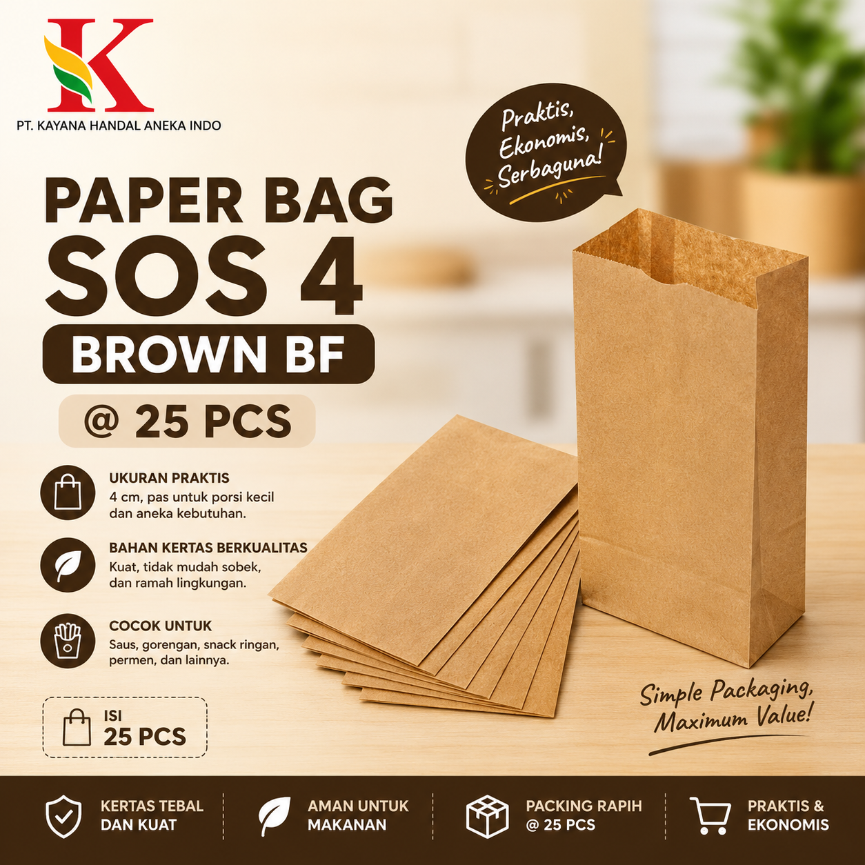 PAPER BAG SOS 4 BROWN BF @ 25 PCS