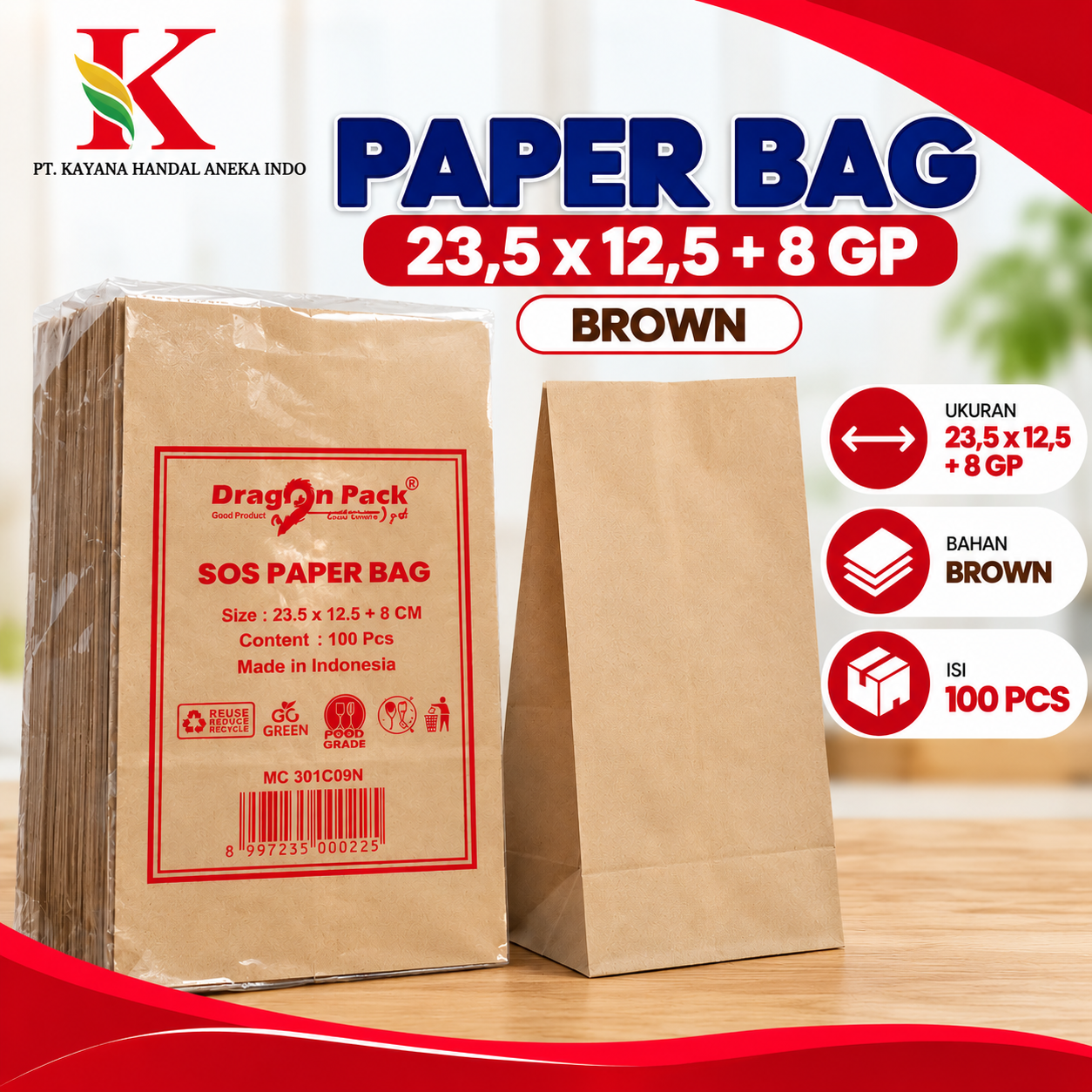 PAPER BAG 23,5 X 12,5 + 8 MG BROWN