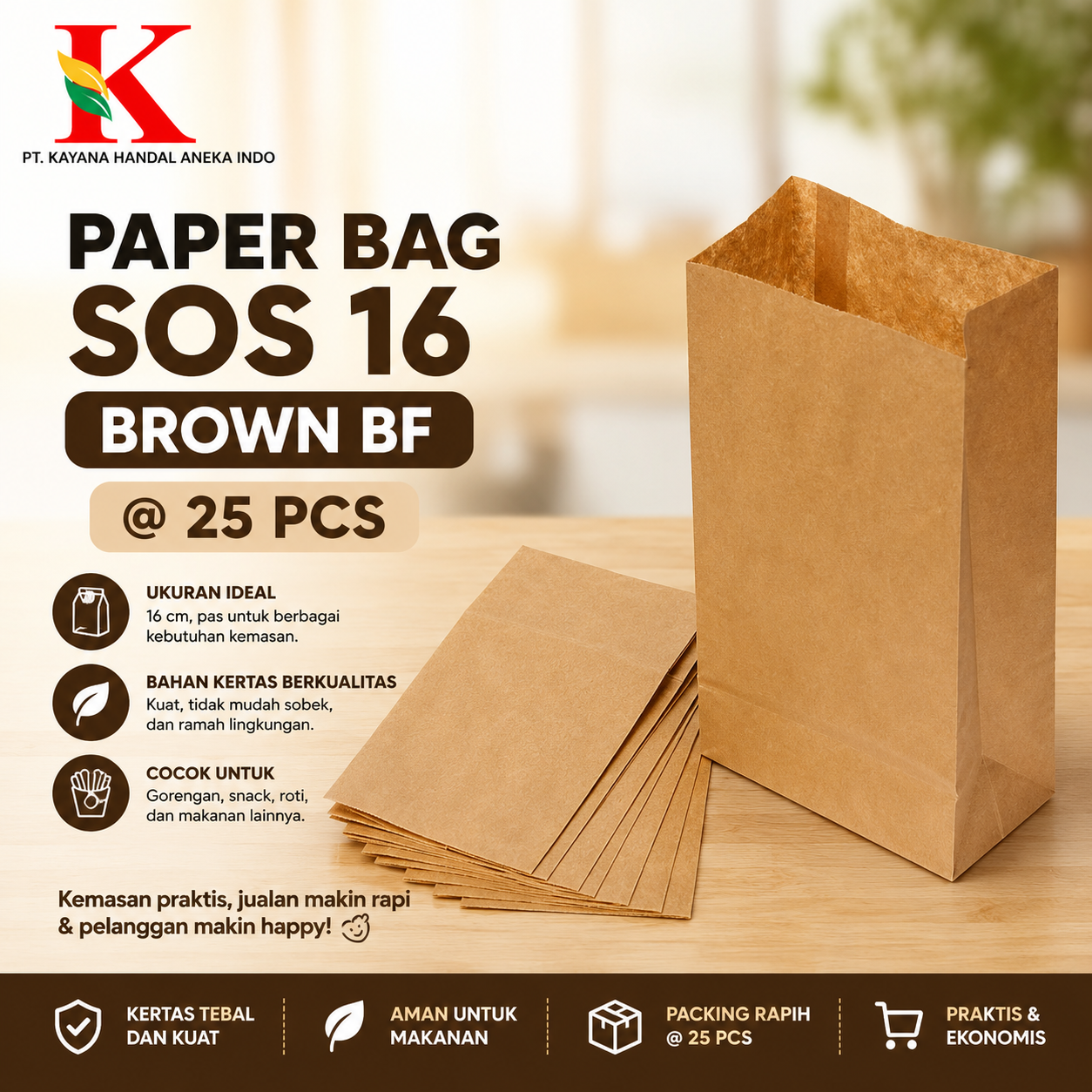 PAPER BAG SOS 16 BROWN BF @ 25 PCS